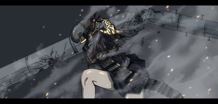 1girl, bomb, bomb_devil, chainsaw_man, destruction, dust, erupusai2, explosive, highres, letterboxed, nuclear_weapon, pillar, reze_(chainsaw_man), sharp_teeth, solo, sparks, teeth, thighs, wire