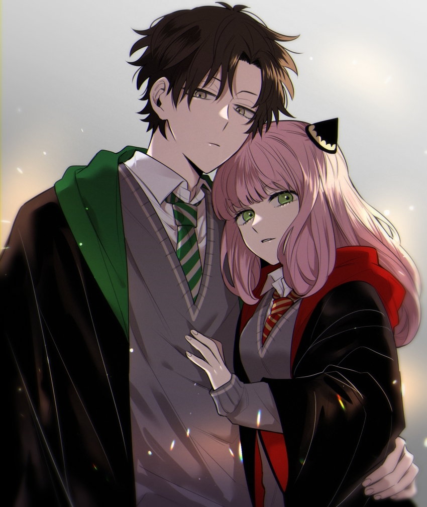 1boy, 1girl, aged_up, anya_(spy_x_family), black_coat, black_hair, blouse, blunt_bangs, breasts, coat, collared_shirt, cosplay, damian_desmond, fake_horns, green_eyes, green_necktie, grey_background, grey_eyes, grey_sweater, gryffindor, hair_ornament, hand_on_another's_back, hand_on_another's_chest, harry_potter_(series), highres, hogwarts_school_uniform, hood, hood_down, hooded_coat, horns, long_hair, long_sleeves, looking_at_viewer, nai0524, necktie, open_clothes, open_coat, pink_hair, red_necktie, school_uniform, shirt, short_hair, slytherin, spy_x_family, striped_clothes, striped_necktie, sweater, upper_body, white_shirt, wide_sleeves, wizarding_world