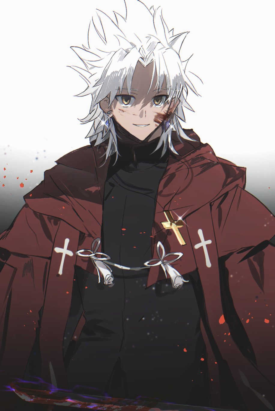 1boy, amakusa_shirou_(fate), black_background, blood, blood_on_face, brown_eyes, cape, commentary_request