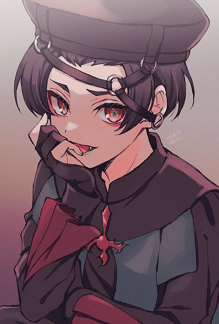 1boy, blue_lips, brown_hair, fangs, gloves, hat, head_rest, jack_mouton, lipstick, long_sleeves, looking_at_viewer, makeup, male_focus, mikami_(mkm0v0), open_mouth, red_eyes, short_hair, solo, tongue, tongue_out, vampire, visual_prison