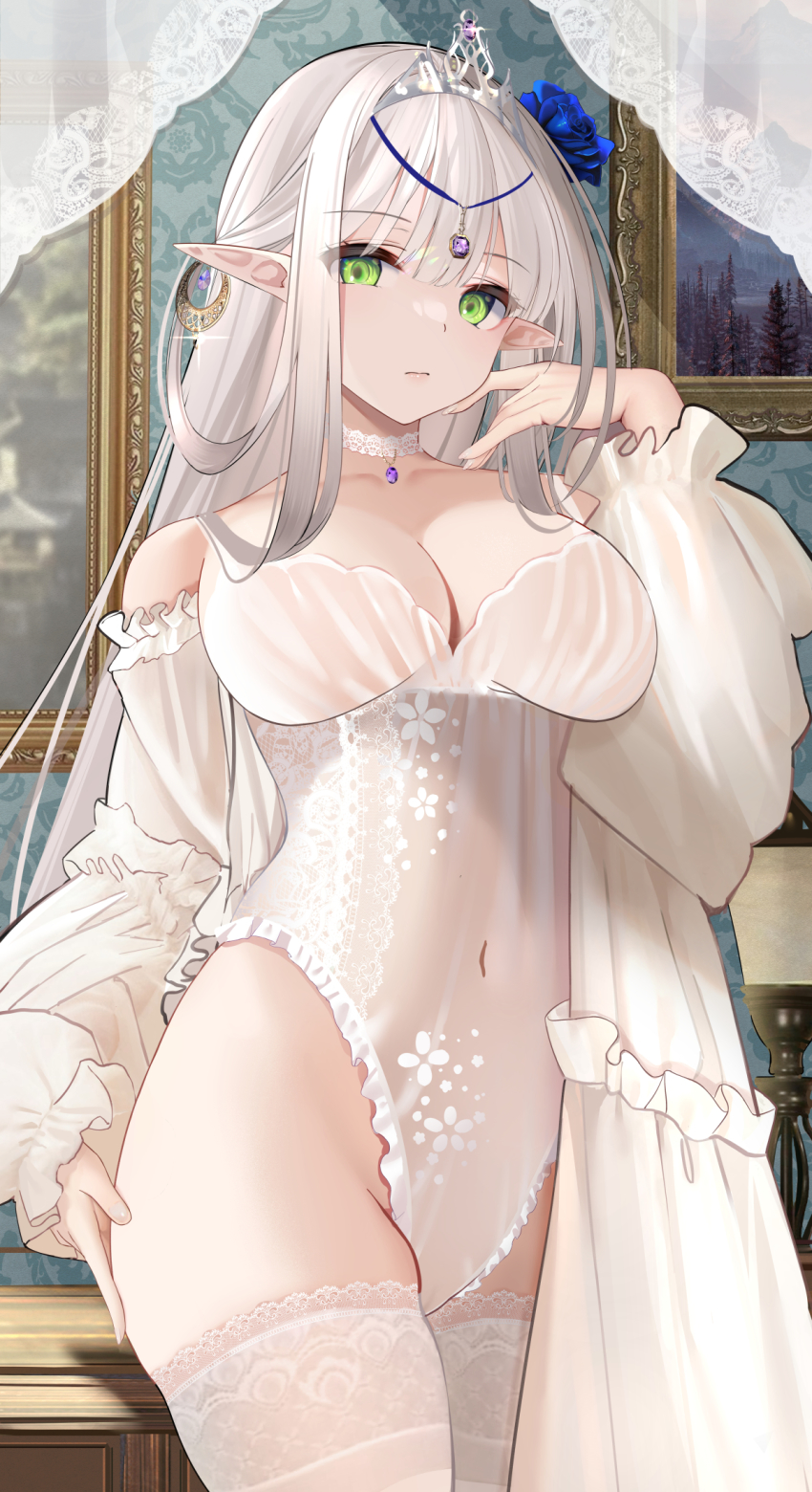 1girl, bare_shoulders, breasts, choker, cleavage, closed_mouth, collarbone, commentary