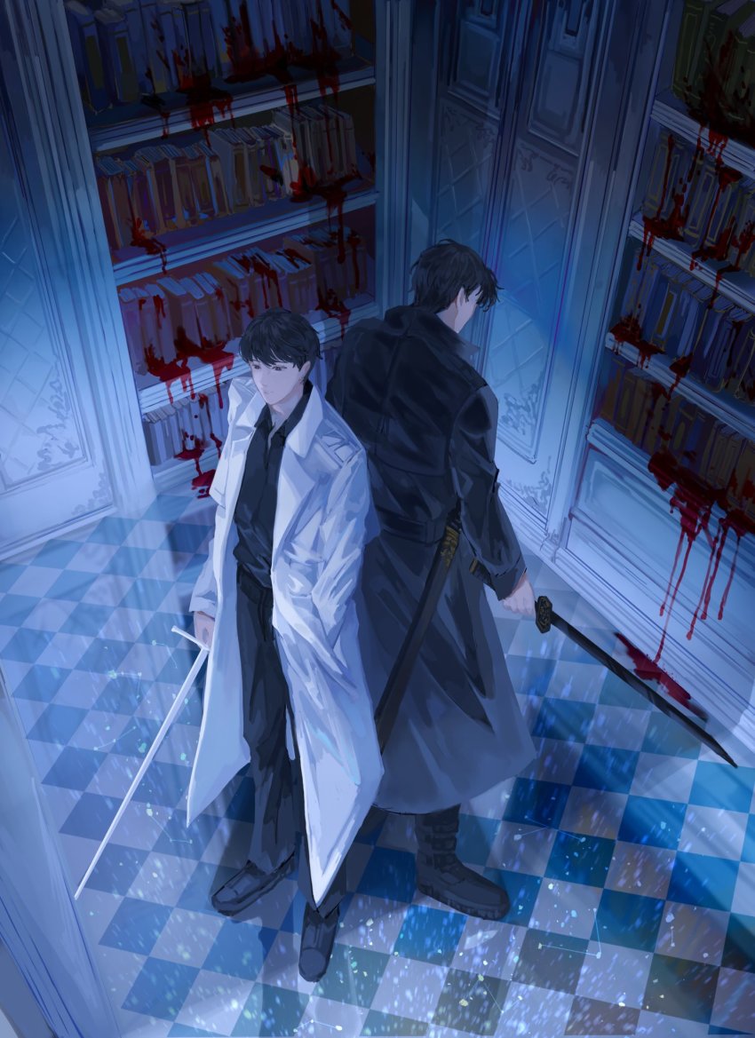 2boys, argyle, back-to-back, black_eyes, black_hair, black_jacket, blood, blood_on_wall, book, bookshelf, boots, collared_shirt, commentary, english_commentary, hand_in_pocket, highres, holding, holding_sword, holding_weapon, jacket, kalouriis, kim_dokja, male_focus, multiple_boys, omniscient_reader's_viewpoint, sheath, shirt, short_hair, sword, unsheathed, weapon, white_jacket, yoo_joonghyuk