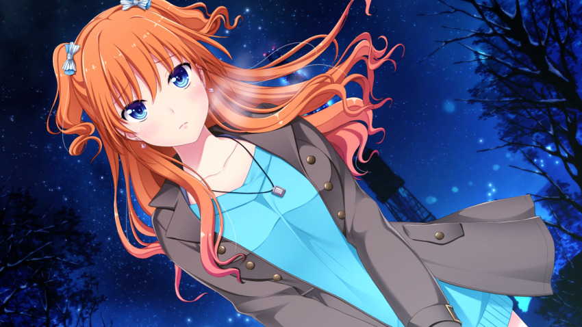 1girl, akino_subaru, aoi_hinata_(gin'iro_haruka), blue_dress, blue_eyes, blue_sweater, bow, closed_mouth