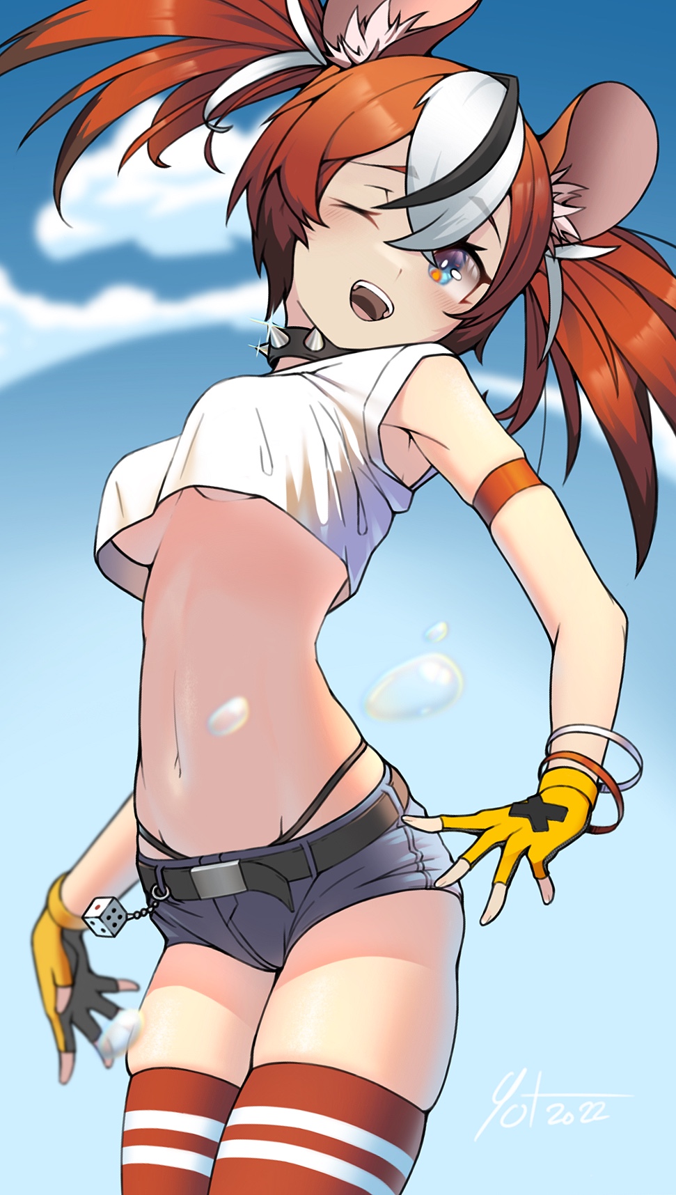 1girl, animal_ears, armband, belt, black_belt, black_hair, blue_sky, blush, bracelet, breasts, choker, cloud, crop_top, crop_top_overhang, cropped_shirt, crossed_bangs, dice, fingerless_gloves, gloves, groin, hakos_baelz, highres, hololive, hololive_english, jewelry, medium_breasts, midriff, mouse_ears, mouse_girl, mouse_tail, multicolored_hair, navel, no_bra, no_uvula, one_eye_closed, open_mouth, outdoors, percentplus, red_hair, short_shorts, shorts, skindentation, sky, smile, standing, studded_choker, tail, thighhighs, thighs, two_side_up, underboob, upshirt, virtual_youtuber, white_hair, yellow_gloves