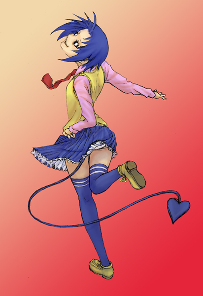 1girl, aki_(to_dawn), blue_stockings, blue_thighhighs, brown_shoes, choujin_gakuen, demon_girl, demon_tail, gradient_background, oska, purple_sleeves, shoes, simple_background, super_school!, tail, thighhighs