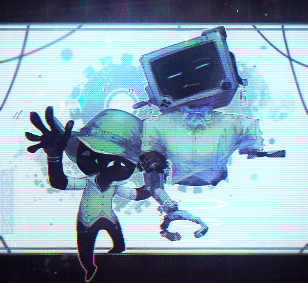 2others, blouse, character_request, floating, gears, green_headwear, green_shirt, inscryption, levitation, monitor, multiple_others, p03_(inscryption), shirt, treblesomerebel, white_sleeves