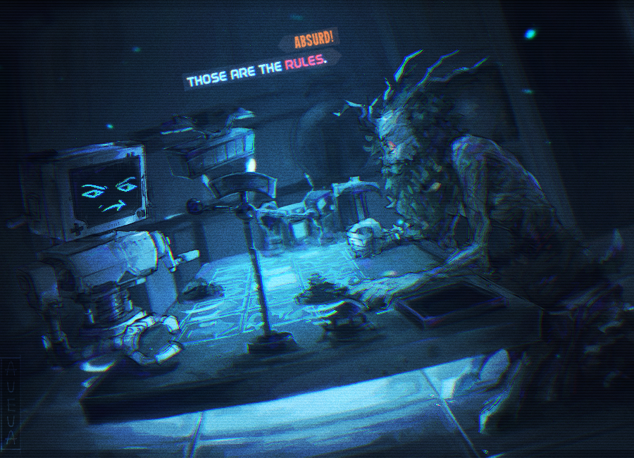 1boy, bad_id, bad_twitter_id, balance_scale, card, english_text, floating, gameplay_mechanics, hammer, holding, holding_hammer, inscryption, leshy, levitation, monitor, p03_(inscryption), playing_card_game, playing_games, robot, sitting, table, treblesomerebel, weighing_scale