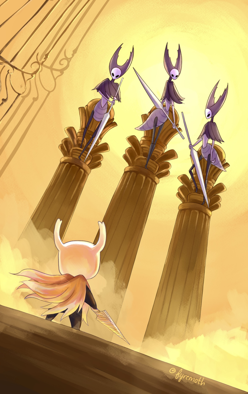 1other, 3girls, bug, cape, cloak, from_behind, fyremoth, grey_cloak, highres, holding, hollow_eyes, hollow_knight, hollow_knight_(character), horns, knight_(hollow_knight), mantis_lord_(hollow_knight), mask, multiple_girls, nail_(hollow_knight), no_humans, pure_nail_(hollow_knight), red_cloak, standing, user_mpjx3423, weapon
