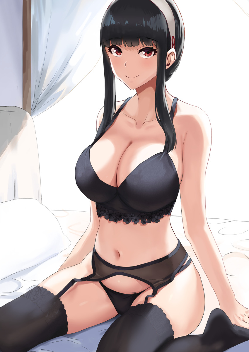 1girl, bed, bed_sheet, black_bra, black_garter_belt, black_hair, black_panties, black_thighhighs