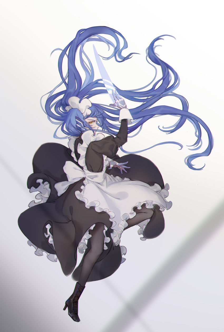 1boy, absurdres, alternate_costume, apron, arm_up, black_dress, boots, commentary_request