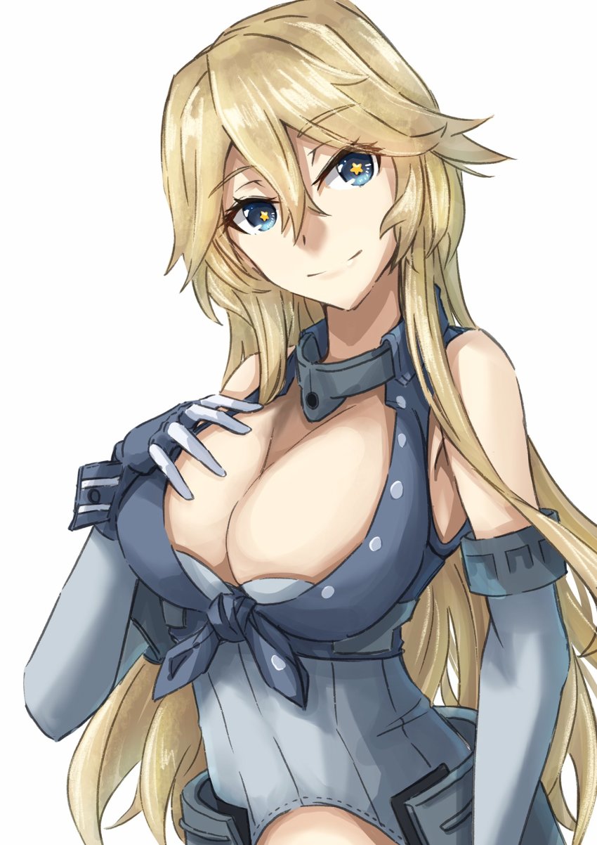 1girl, blonde_hair, blue_eyes, breasts, closed_mouth, elbow_gloves, fingerless_gloves, front-tie_top, gloves, hair_between_eyes, hand_on_own_chest, headgear, highres, iowa_(kancolle), kantai_collection, large_breasts, long_hair, looking_at_viewer, miniskirt, one-hour_drawing_challenge, simple_background, skirt, smile, solo, star-shaped_pupils, star_(symbol), symbol-shaped_pupils, tonke, upper_body, white_background