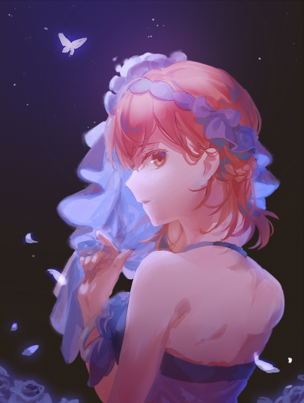 1girl, az_(zero_glvimayhop), bare_back, bare_shoulders, brown_hair, bug, butterfly, dress