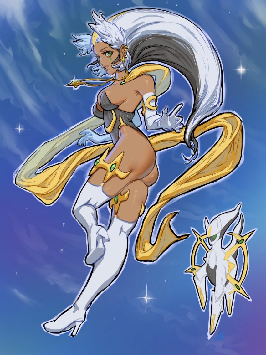 1girl, annie_lyce, arceus, armpit_crease, ass, black_hair, black_leotard, blue_background, boots, breasts, dark-skinned_female, dark_skin, earrings, elbow_gloves, full_body, gen_4_pokemon, gloves, green_eyes, grey_hair, high_heels, highres, jewelry, legendary_pokemon, leotard, long_hair, looking_at_viewer, medium_breasts, multicolored_hair, mythical_pokemon, necklace, night, nintendo, original, outline, personification, pokemon, pokemon_(creature), pokemon_legends:_arceus, sky, star_(sky), thigh_boots, thighhighs, thighlet, white_gloves, white_outline, white_thighhighs