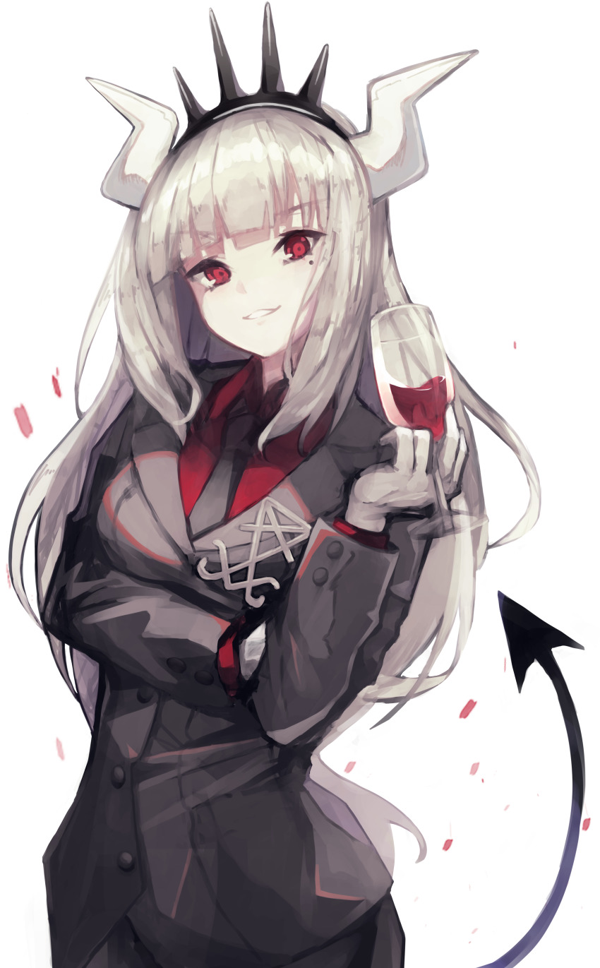 1girl, absurdres, alcohol, arm_under_breasts, azarasi_haru, black_jacket, black_necktie, blouse