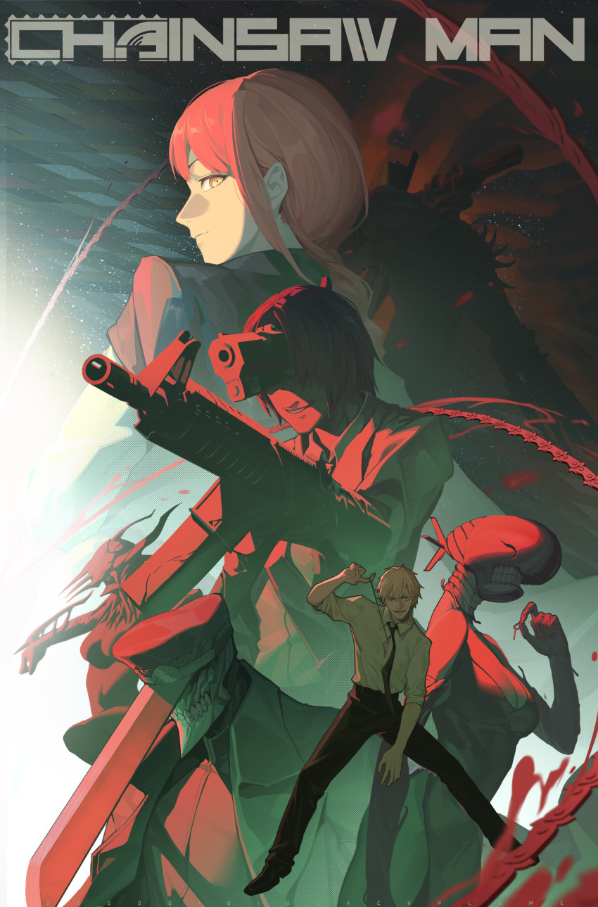 2boys, 3girls, absurdres, arm_mounted_weapon, black_dress, black_necktie, black_pants, black_plume