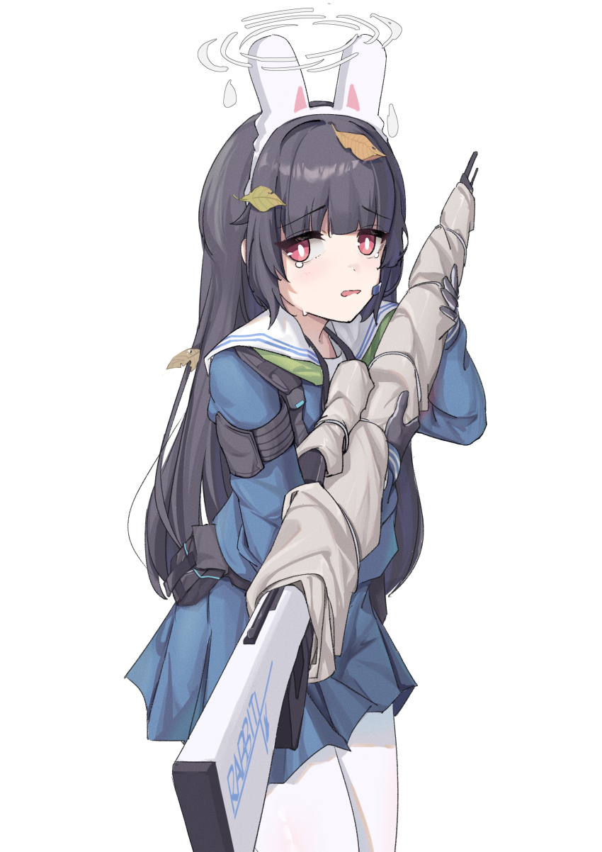 1girl, absurdres, animal_ears, belt, belt_pouch, black_belt, black_gloves, black_hair, blue_archive, blue_serafuku, blue_skirt, blunt_bangs, bolt_action, bright_pupils, commentary, cowboy_shot, fake_animal_ears, foreshortening, gloves, gun, halo, highres, holding, holding_weapon, krifu, leaf, leaf_on_head, long_hair, looking_at_viewer, miyu_(blue_archive), mosin-nagant, pantyhose, parted_lips, pleated_skirt, pouch, rabbit_ears, raised_eyebrows, red_eyes, rifle, sailor_collar, school_uniform, serafuku, simple_background, skirt, sniper_rifle, solo, standing, tearing_up, very_long_hair, wavy_mouth, weapon, white_background, white_pantyhose, white_pupils, white_sailor_collar