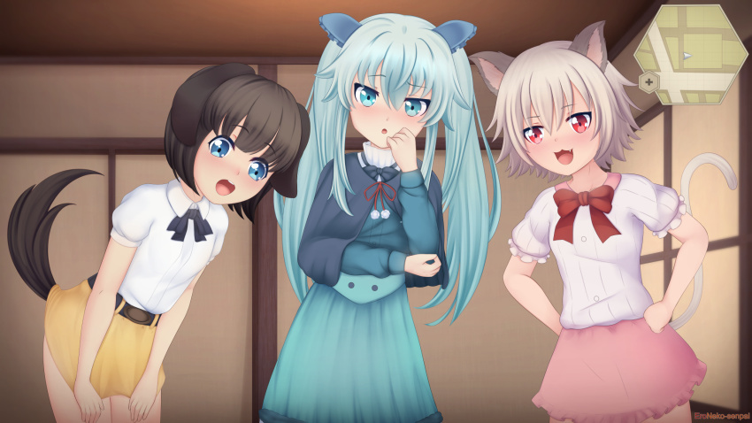3girls, animal_ears, belt, blue_eyes, blue_hair, blush, brown_hair, cat_ears