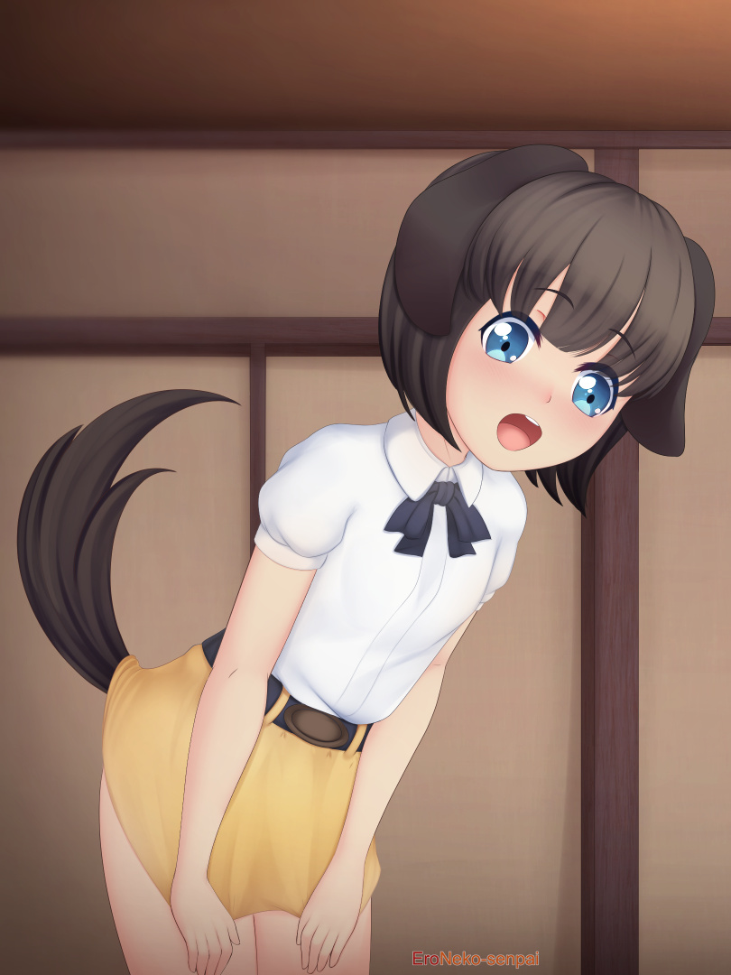 1girl, animal_ears, belt, blue_eyes, blush, brown_hair, child, commission