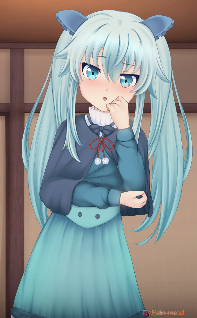 1girl, blue_eyes, blue_hair, commission, death_march_kara_hajimaru_isekai_kyousoukyoku, dress, eroneko_senpai, indoors, knees_up, mia_(death_march), open_mouth, ribbon, skirt, tail