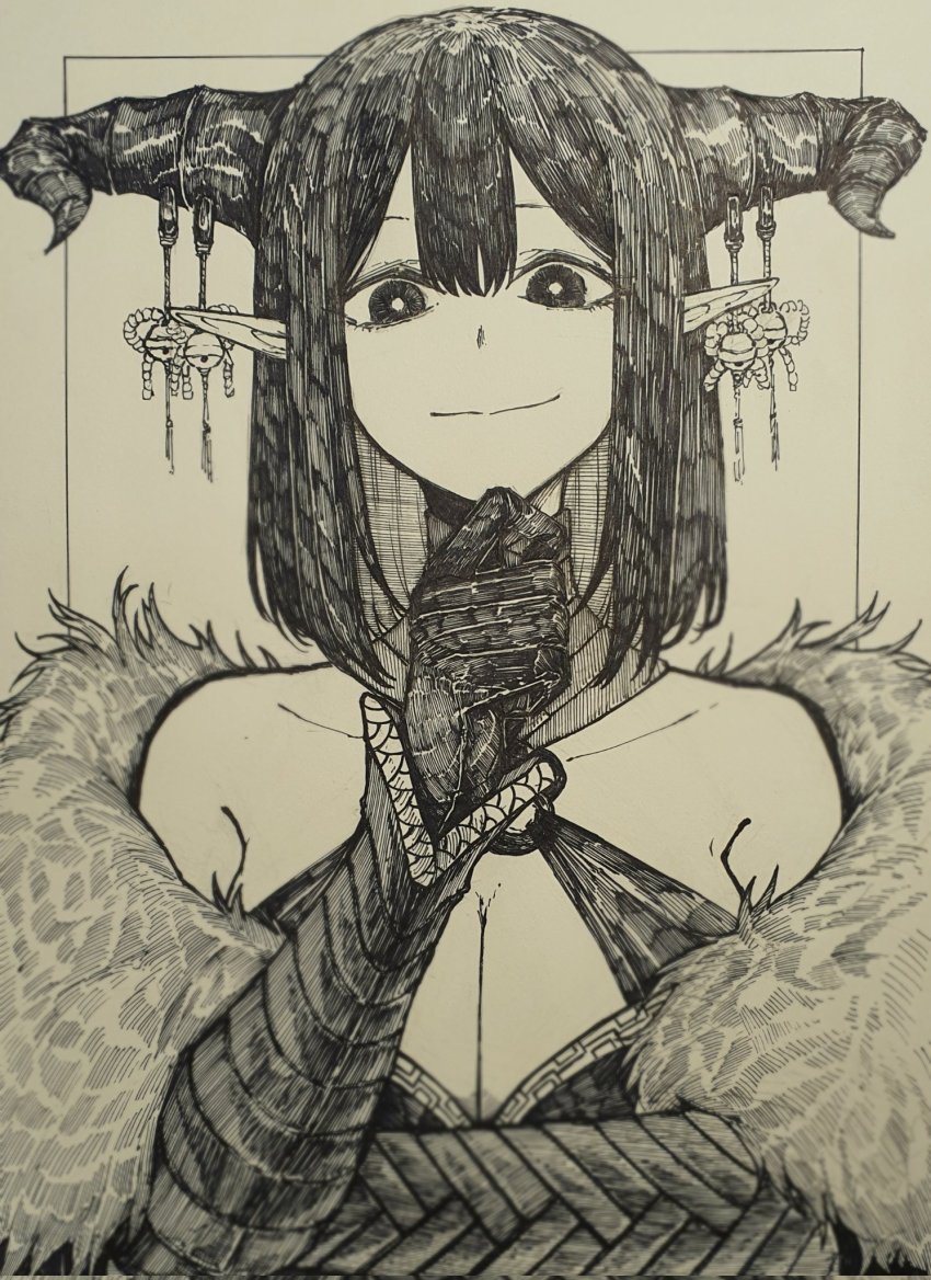 1girl, bare_shoulders, blunt_ends, breasts, cleavage, closed_mouth, collarbone, commentary