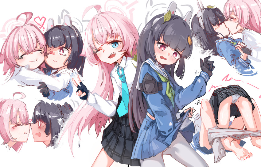 ahoge, balsamico_su, black_hair, black_skirt, blouse, blue_archive, blue_eyes, blue_necktie, blue_shirt, blue_skirt, blunt_bangs, commission, fingerless_gloves, gloves, green_neckerchief, halo, headgear, highres, hoshino_(blue_archive), kiss, leaf, leaf_on_head, long_hair, long_sleeves, looking_at_viewer, miyu_(blue_archive), multiple_views, neckerchief, necktie, panties, pantyhose, pink_hair, pixiv_commission, plaid_clothes, plaid_skirt, pleated_skirt, red_eyes, sailor_collar, school_uniform, shirt, simple_background, skirt, underwear, very_long_hair, white_background, white_panties, white_pantyhose, white_sailor_collar, white_shirt, yuri