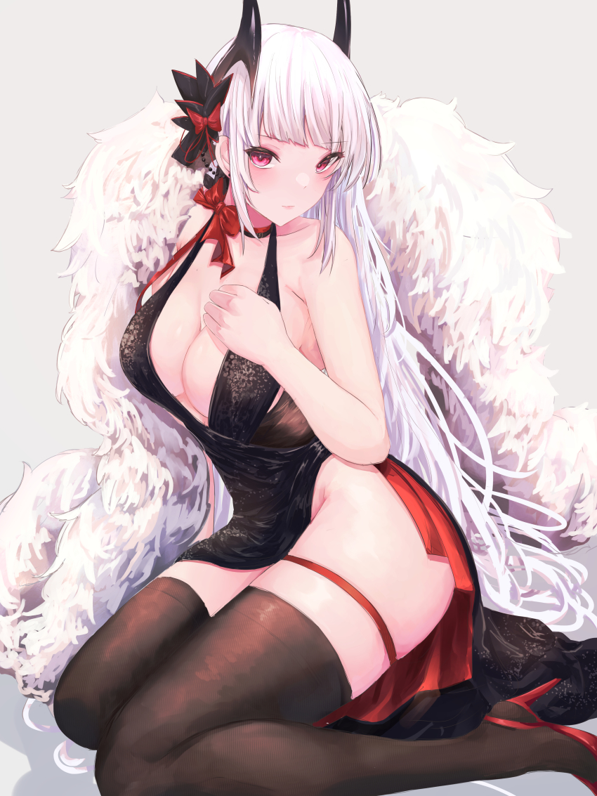 1girl, absurdres, azur_lane, bare_shoulders, black_dress, black_thighhighs, blush, bow