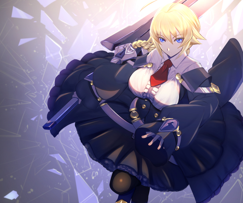 1girl, ahoge, belt, blazblue, blonde_hair, blue_eyes, braid, braided_ponytail