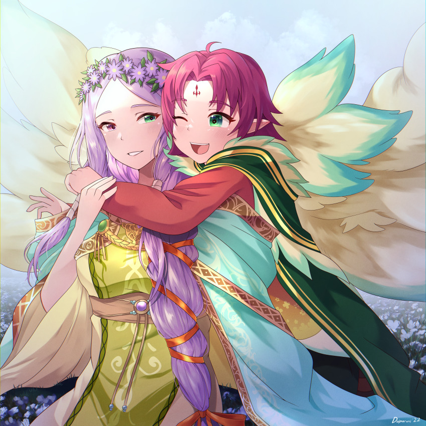 2girls, absurdres, braid, child, doiparuni, facial_mark, fae_(fire_emblem), feathered_wings