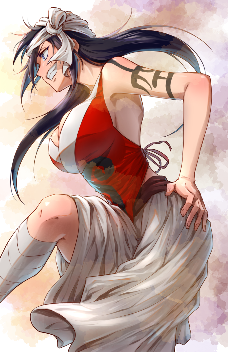 1girl, arm_tattoo, armpits, bandaged_leg, bandages, black_hair, bleach, blouse, blue_eyes, breasts, cleavage, cowboy_shot, grin, halterneck, large_breasts, long_hair, red_shirt, shiba_kuukaku, shirt, skirt, sleeveless, sleeveless_shirt, smile, solo, soraao0322, tattoo, teeth, white_skirt