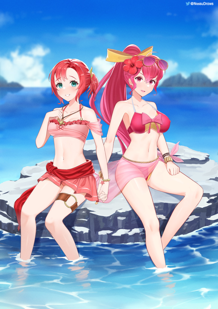 2girls, alternate_costume, bare_shoulders, bikini, blue_eyes, blush, breasts, cleavage