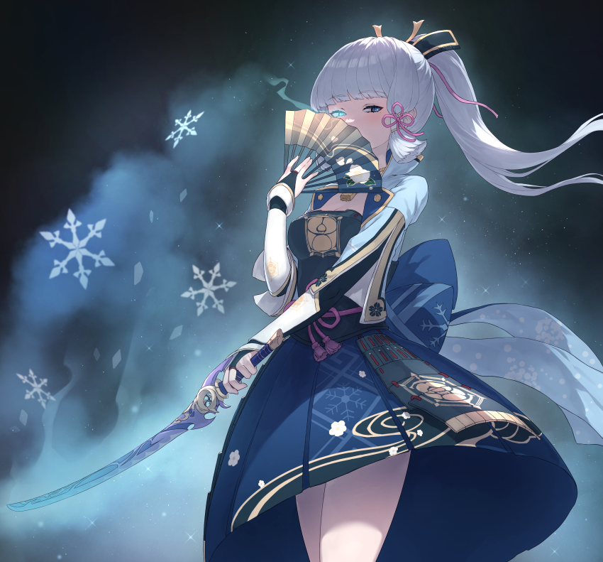 1girl, absurdres, arm_guards, armor, armored_dress, ayaka_(genshin_impact), black_gloves, blue_capelet