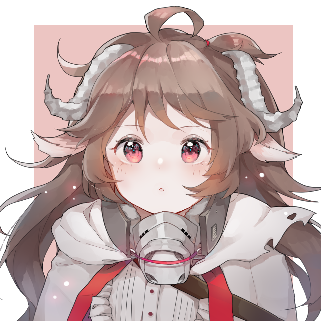 1girl, :c, animal_ears, arknights, border, brown_hair, cape, eyjafjalla_(arknights), horns, juine, long_hair, looking_at_viewer, mask, outside_border, pink_background, pink_eyes, portrait, sheep_ears, sheep_girl, sheep_horns, simple_background, solo, white_border, white_cape