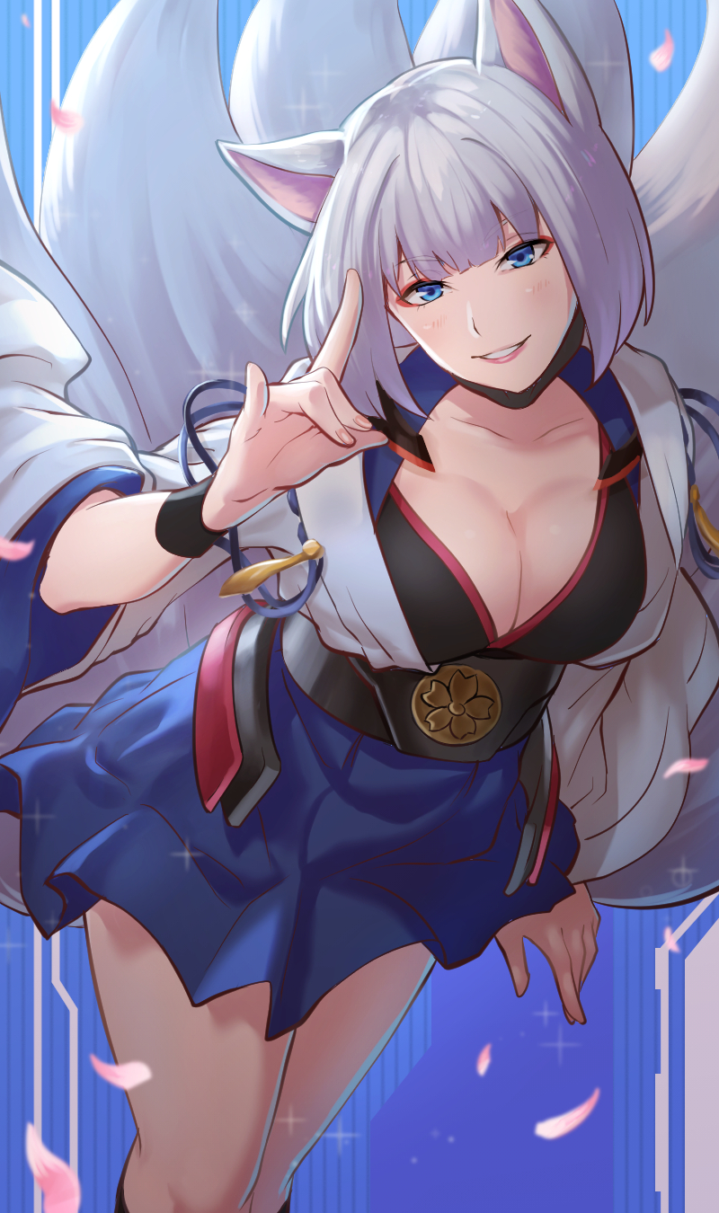1girl, animal_ears, azur_lane, blue_eyes, blue_skirt, breasts, cleavage, crypthiyama, eyeliner, fox_ears, fox_girl, fox_tail, hakama, hakama_short_skirt, hakama_skirt, highres, japanese_clothes, kaga_(azur_lane), kimono, kitsune, kyuubi, large_breasts, large_tail, long_sleeves, looking_at_viewer, metal_belt, miniskirt, multiple_tails, red_eyeliner, sakuramon, short_hair, skirt, solo, tail, white_hair, white_kimono, white_tail, wide_sleeves