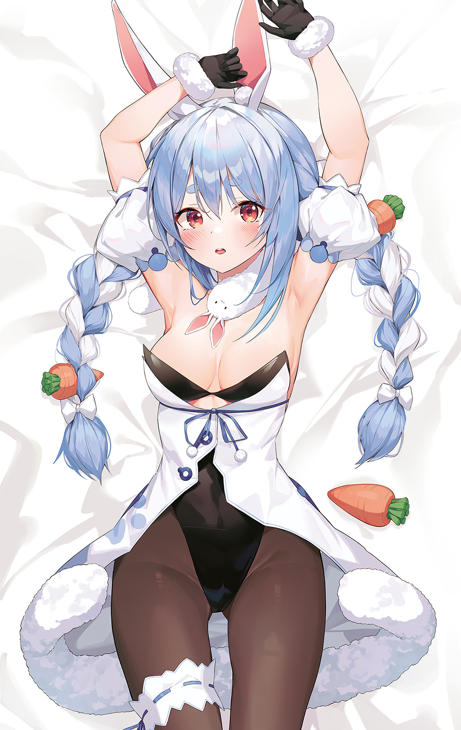 1girl, animal_ear_fluff, animal_ears, armpits, arms_up, bare_shoulders, bed_sheet, black_gloves