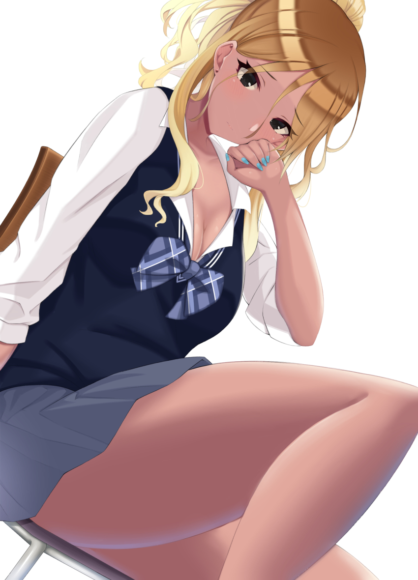 1girl, bare_legs, blonde_hair, blouse, bow, bowtie, breasts, brown_hair