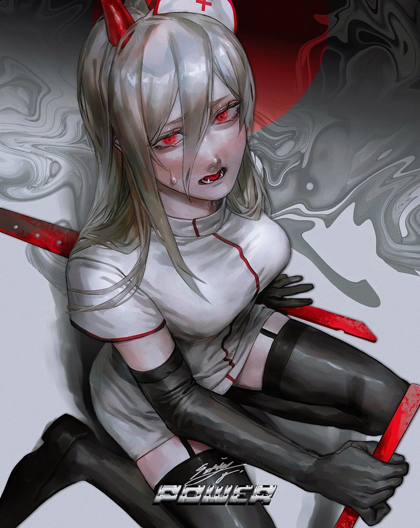 1girl, black_gloves, black_thighhighs, blush, breasts, chainsaw_man, demon, demon_girl