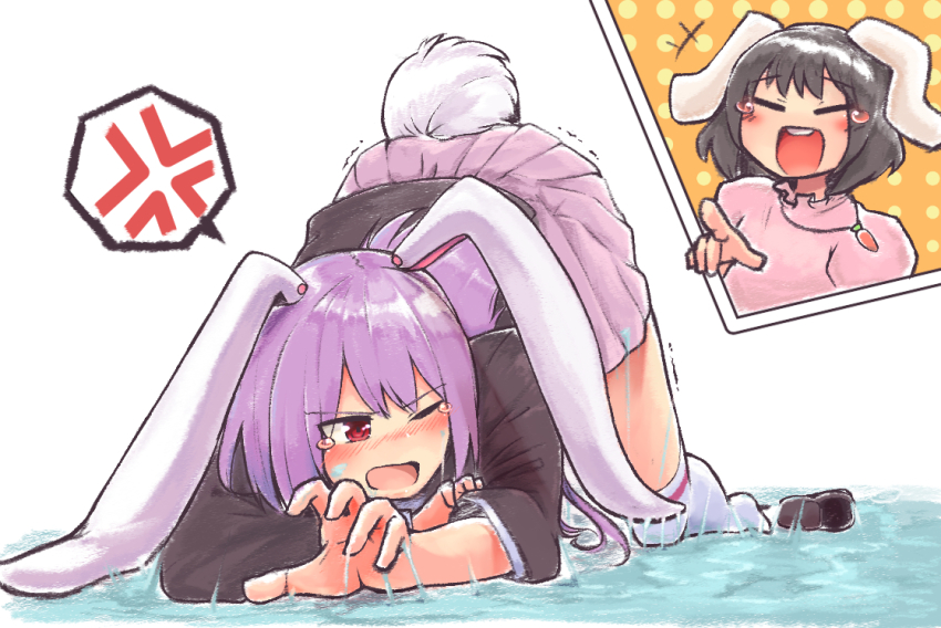 +++, 2girls, anger_vein, animal_ears, black_footwear, black_hair, black_jacket, blazer, blouse, blush, bobby_socks, carrot_necklace, closed_eyes, commentary_request, dress, floppy_ears, full_body, ginnkei, glue_trap, inaba_tewi, jacket, jewelry, laughing, loafers, multiple_girls, necklace, one_eye_closed, open_mouth, pink_dress, pink_skirt, pleated_skirt, pointing, pointing_at_another, puffy_short_sleeves, puffy_sleeves, purple_hair, rabbit_ears, rabbit_girl, rabbit_tail, red_eyes, reisen_udongein_inaba, shirt, shoes, short_hair, short_sleeves, skirt, socks, split_mouth, spoken_anger_vein, sticky, sticky_restraint, stuck, tail, tearing_up, top-down_bottom-up, touhou, white_legwear, white_shirt