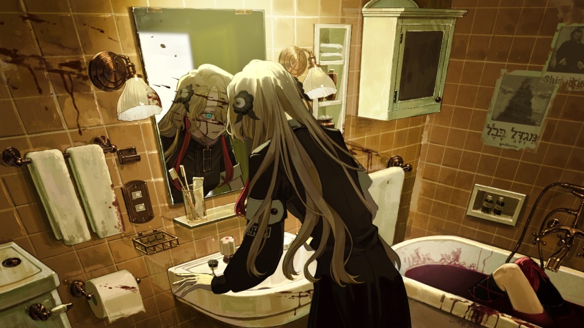 2girls, absurdres, aqua_eyes, asymmetrical_legwear, asymmetrical_sleeves, bathroom, bathtub, black_coat