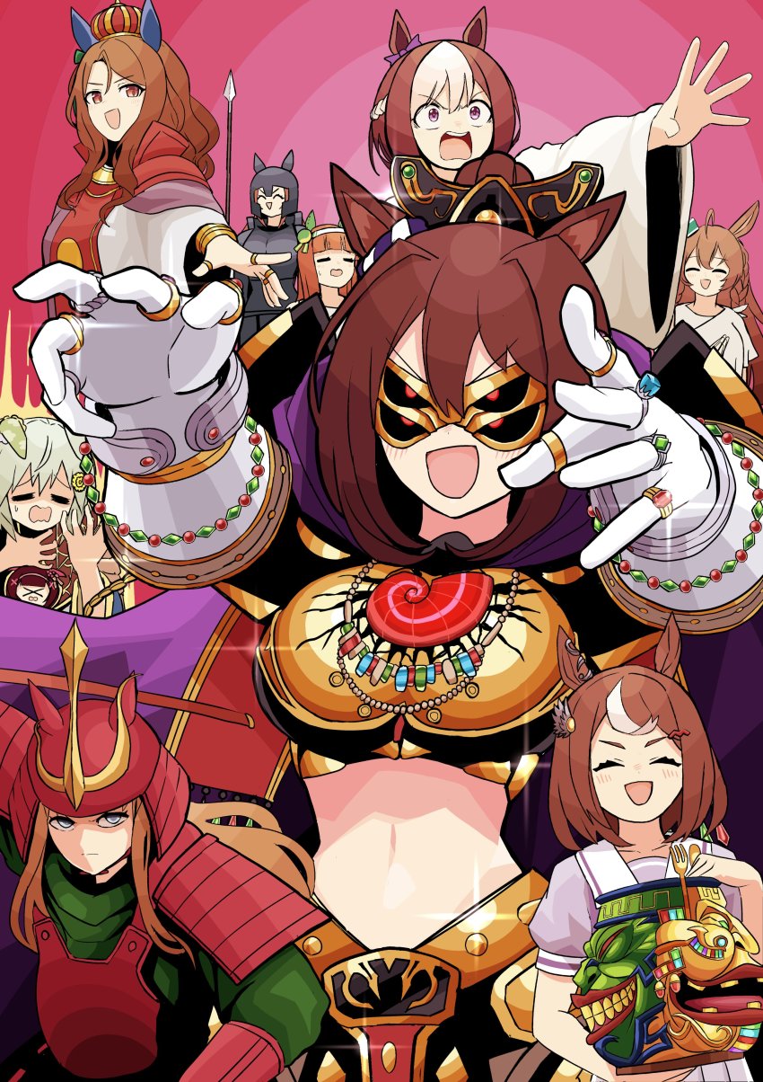 6+girls, absurdres, ahoge, animal_ears, armor, blue_eyes, bow, breasts, brown_hair, cape, character_request, closed_eyes, cosplay, ear_covers, el_condor_pasa_(umamusume), eldlich_the_golden_lord, eldlich_the_golden_lord_(cosplay), eye_mask, gem, gloves, grass_wonder_(umamusume), green_hair, helmet, highres, holding, holding_polearm, holding_pot, holding_weapon, horse_ears, horse_girl, imperial_order_(cosplay), imperial_order_(yu-gi-oh!), japanese_armor, jewelry, kawakami_princess_(umamusume), king_halo_(umamusume), long_hair, long_sleeves, mask, mejiro_bright_(umamusume), meme, midriff, multicolored_hair, multiple_girls, multiple_rings, necklace, nishino_flower_(umamusume), open_mouth, orange_hair, outstretched_arm, petoka, polearm, pot, pot_of_extravagance, puffy_short_sleeves, puffy_sleeves, purple_cape, purple_eyes, red_eyes, ring, rivalry_of_warlords, rivalry_of_warlords_(cosplay), robe, sailor_collar, school_uniform, seiun_sky_(umamusume), shirt, short_sleeves, silence_suzuka_(umamusume), skill_drain, skill_drain_(cosplay), solemn_judgement, solemn_judgement_(cosplay), spear, special_week_(umamusume), tracen_school_uniform, umamusume, weapon, white_gloves, white_hair, wide_sleeves, yu-gi-oh!