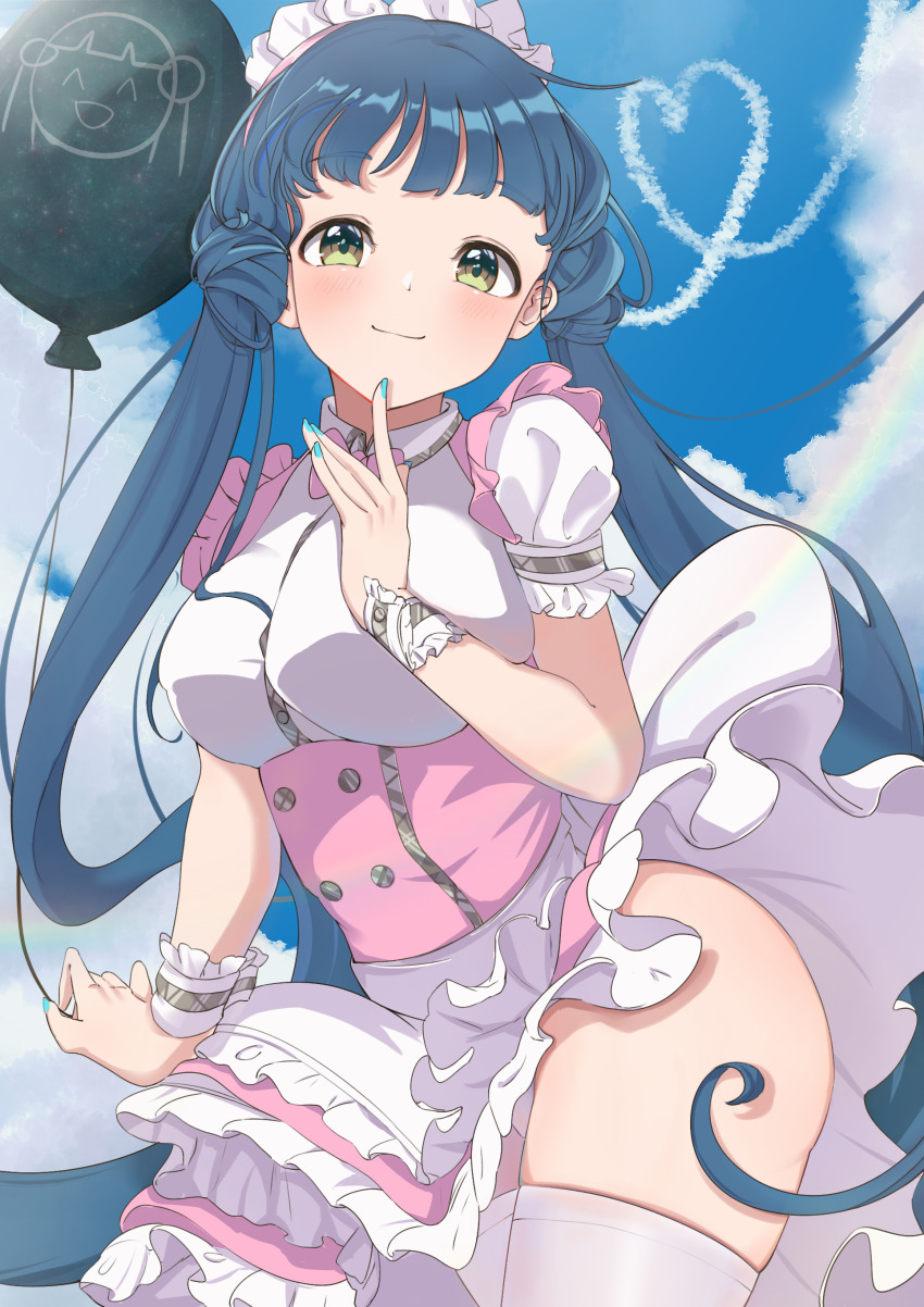 1girl, absurdres, alternate_costume, apron, ass, balloon, blue_sky, blunt_bangs