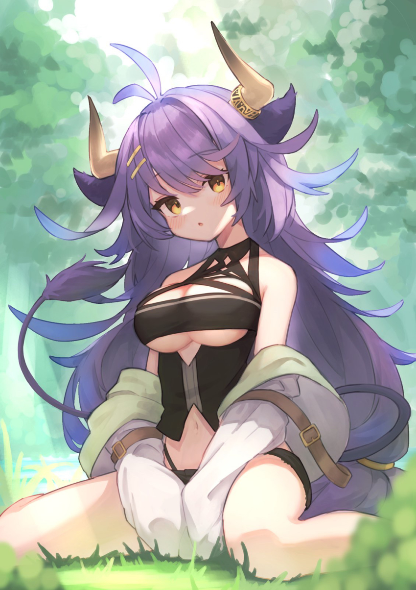 1girl, animal_ears, antenna_hair, bare_legs, bare_shoulders, belt, belt_buckle, between_legs, black_shorts, blue_hair, blush, breasts, buckle, chestnut_mouth, cleavage, clothing_cutout, commentary, feet_out_of_frame, flipped_hair, forest, gradient_hair, grass, hair_between_eyes, hair_ornament, hairclip, halterneck, hand_between_legs, head_tilt, highres, horn_ornament, horn_ring, horns, jacket, jacket_partially_removed, long_hair, long_sleeves, looking_at_viewer, low-tied_long_hair, medium_breasts, micro_shorts, monster_musume_td, multicolored_hair, nature, navel, nigru_(monmusu_td), on_ground, own_hands_together, purple_hair, raised_eyebrows, shorts, sitting, sleeves_past_fingers, sleeves_past_wrists, solo, tail, tomisaka_yorui, underboob, underboob_cutout, v_arms, very_long_hair, wariza, yellow_eyes