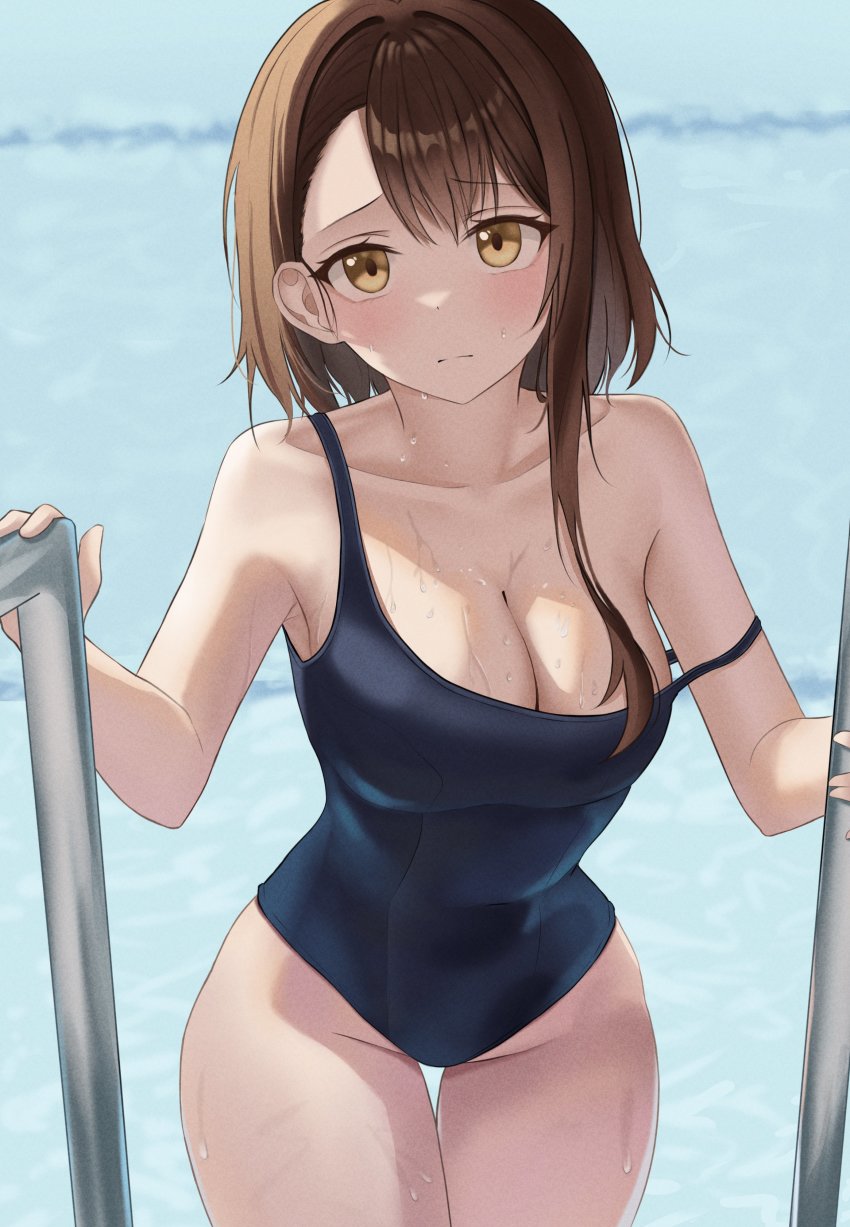 1girl, absurdres, alternate_breast_size, black_one-piece_swimsuit, blush, breasts, brown_eyes, brown_hair, cleavage, closed_mouth, commentary_request, covered_navel, hair_between_eyes, highres, legs_together, long_hair, looking_at_viewer, nisekoi, one-piece_swimsuit, onodera_kosaki, over_shoulder, pool, poolside, solo, standing, strap_slip, swimsuit, thigh_gap, ttusee5, wet