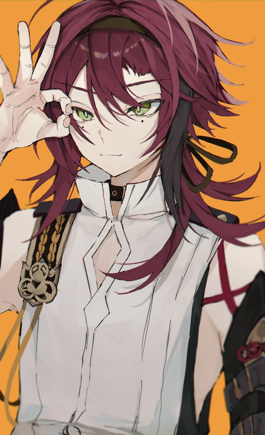 1boy, black_choker, brown_hair, choker, dragonagia643, genshin_impact, green_eyes, highres