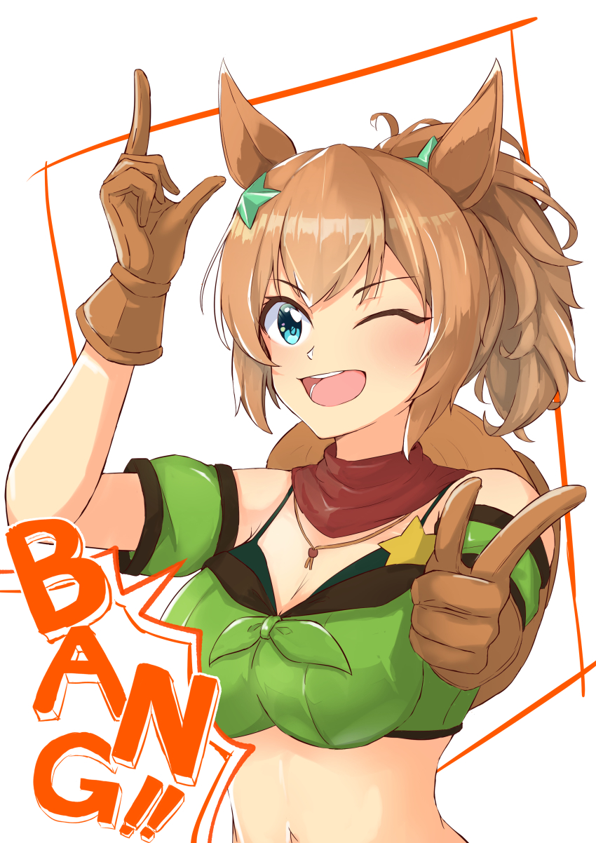 1girl, ;d, absurdres, animal_ears, aqua_eyes, arm_up, armband, bandana, bandeau, bare_shoulders, bikini, bikini_under_clothes, breasts, brown_hair, cleavage, commentary_request, detached_sleeves, green_armband, hair_ornament, highres, horse_ears, index_finger_raised, kotatudogs, large_breasts, looking_at_viewer, midriff, navel, one_eye_closed, open_mouth, pointing, ponytail, short_hair, short_sleeves, simple_background, smile, solo, star_(symbol), star_hair_ornament, stomach, strapless, swimsuit, taiki_shuttle_(umamusume), tube_top, umamusume, upper_body, white_background