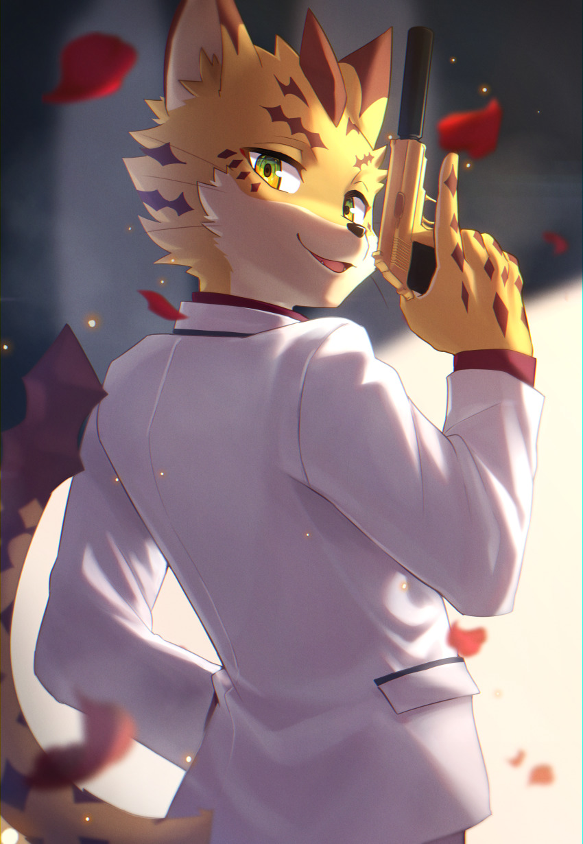1boy, absurdres, animal_ears, blurry, blurry_background, commentary_request, formal_clothes, from_behind