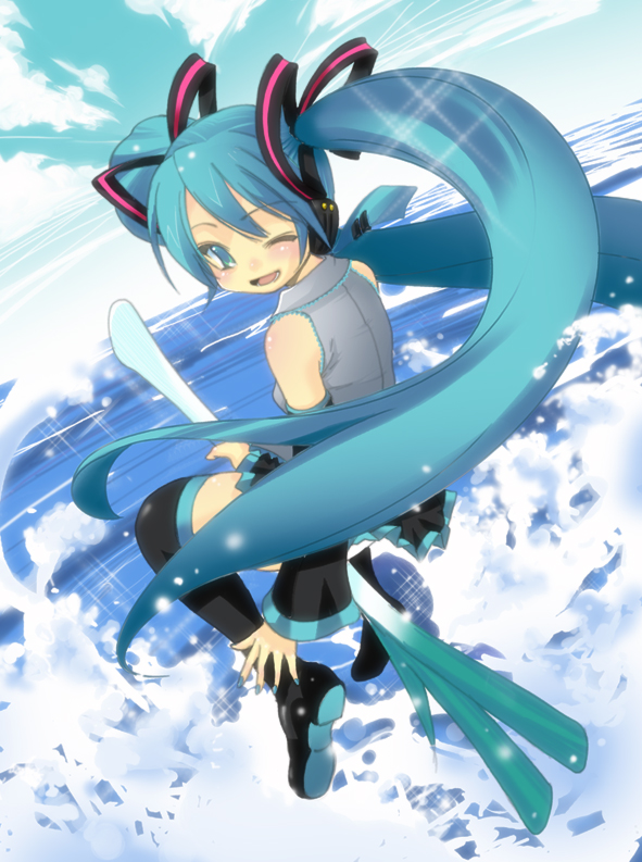 1girl, aqua_eyes, aqua_hair, aqua_nails, aqua_necktie, aqua_sky, aqua_theme, black_boots