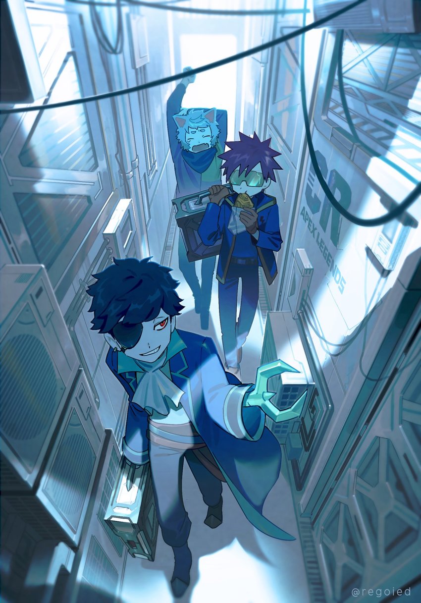 3boys, aged_down, animal_ears, backlighting, belt, black_belt, black_hair, black_pants