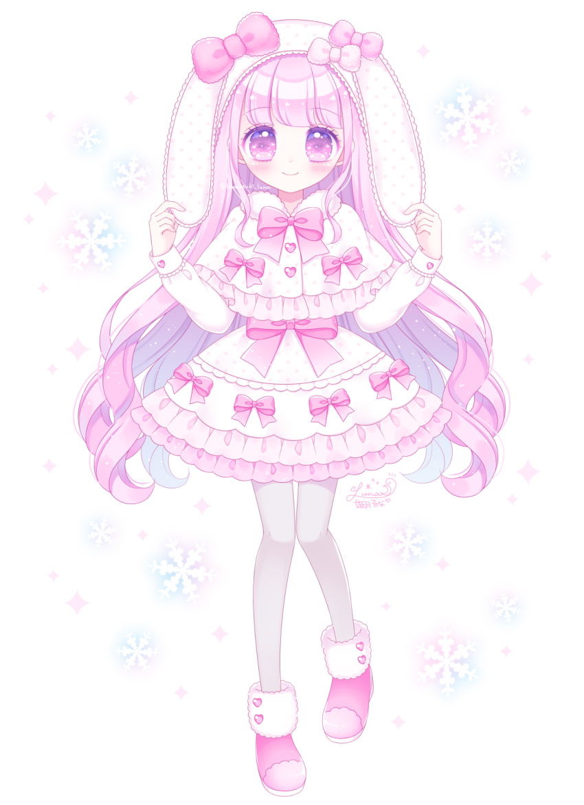 1girl, animal_ears, blush, boots, bow, capelet, closed_mouth, commentary_request