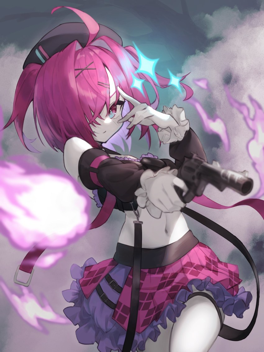 >:), 1girl, ahoge, ameri_(monmusu_td), belt_buckle, beret, black_hat, black_sleeves