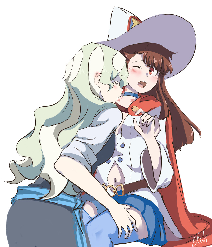 2girls, alternate_costume, artist_name, belt, biting, blonde_hair, blue_belt, blue_skirt